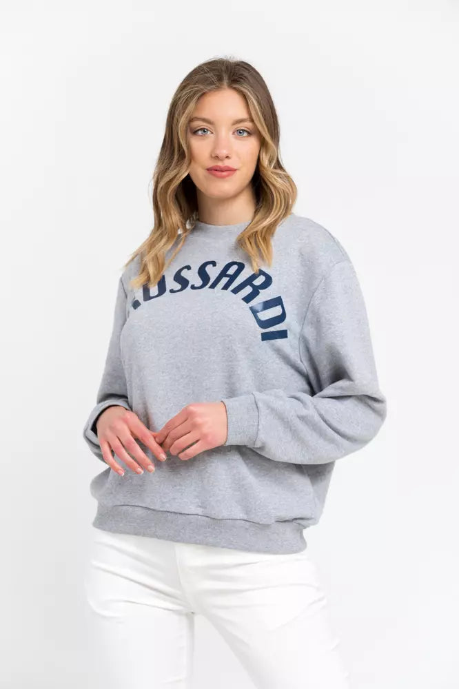 Gray cotton women sweatshirt with blue Trussardi logo on the chest