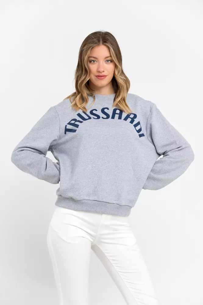 Gray cotton women sweatshirt with blue Trussardi logo lettering across the chest