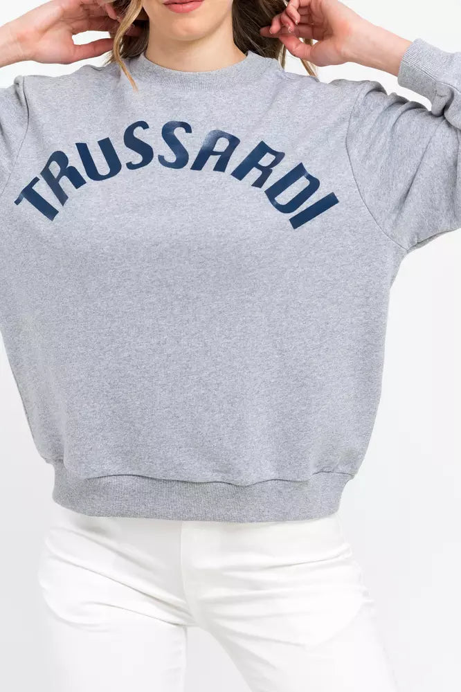 Gray cotton women crewneck sweatshirt with blue Trussardi logo across the chest