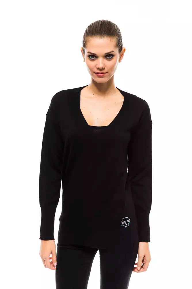 Black wool women sweater with V-neck and long sleeves