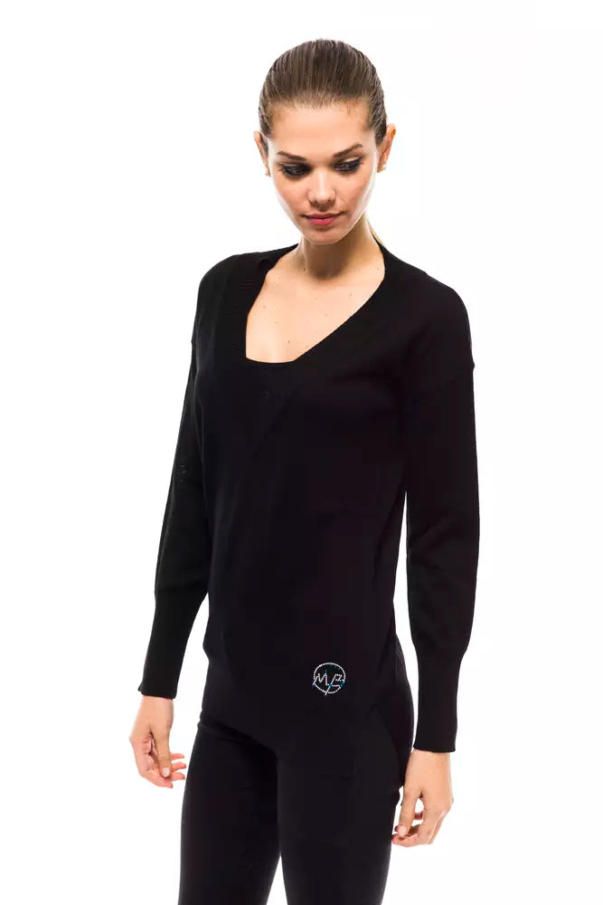 Black wool women sweater with a V-neck and long sleeves worn by a model