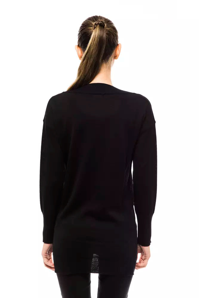 Black long sleeve wool women sweater worn from the back
