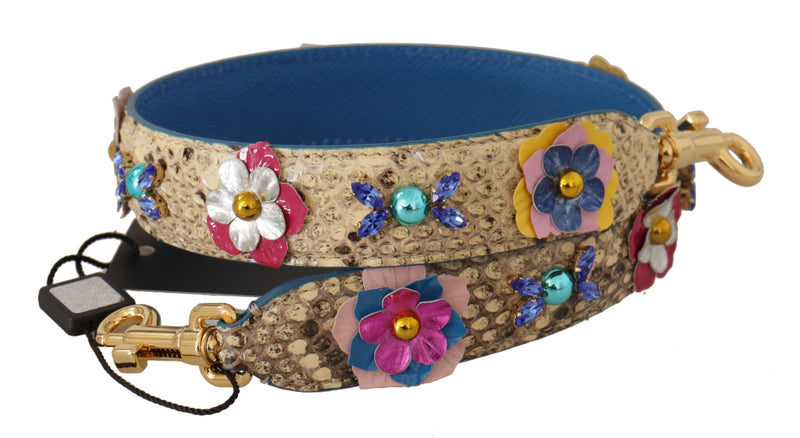 Beige python leather shoulder strap decorated with colorful floral studs and gold hardware