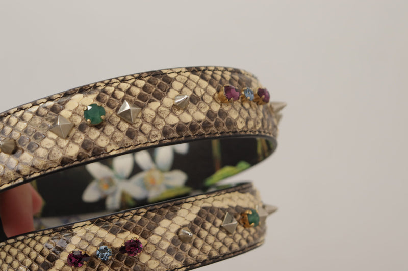 Beige snakeskin shoulder strap with colorful crystals and silver studs