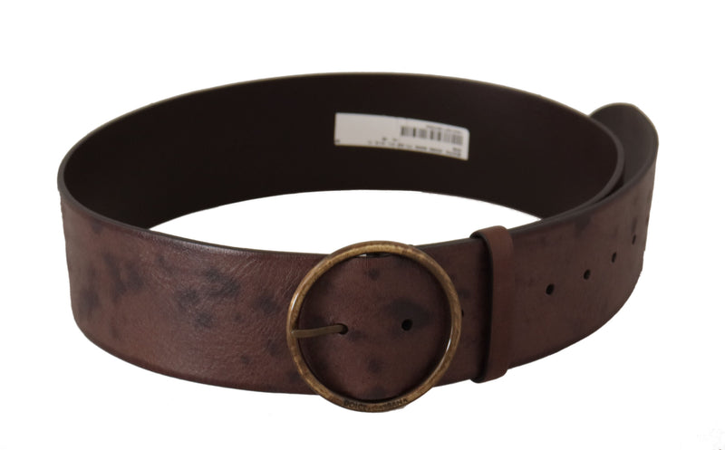 Dark brown wide leather belt with a distressed finish and a round antique brass buckle