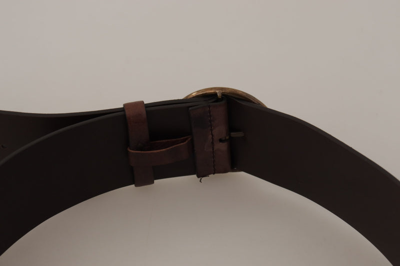 Dark brown wide leather belt with a round brass buckle