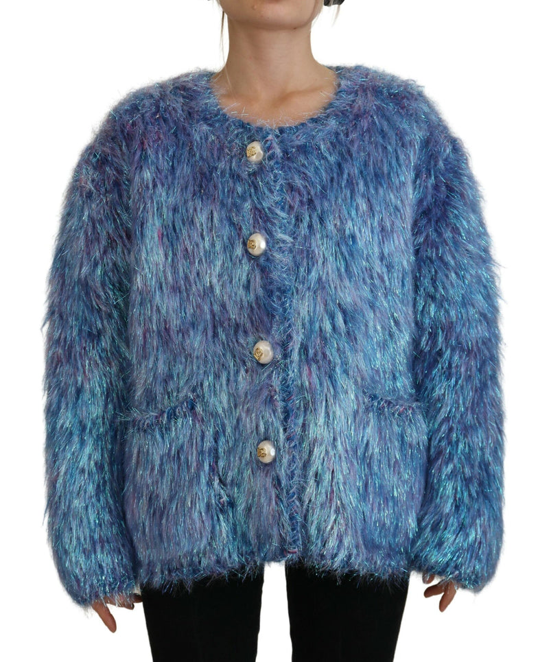Multicolor shimmering blue fringe jacket with pearl buttons
