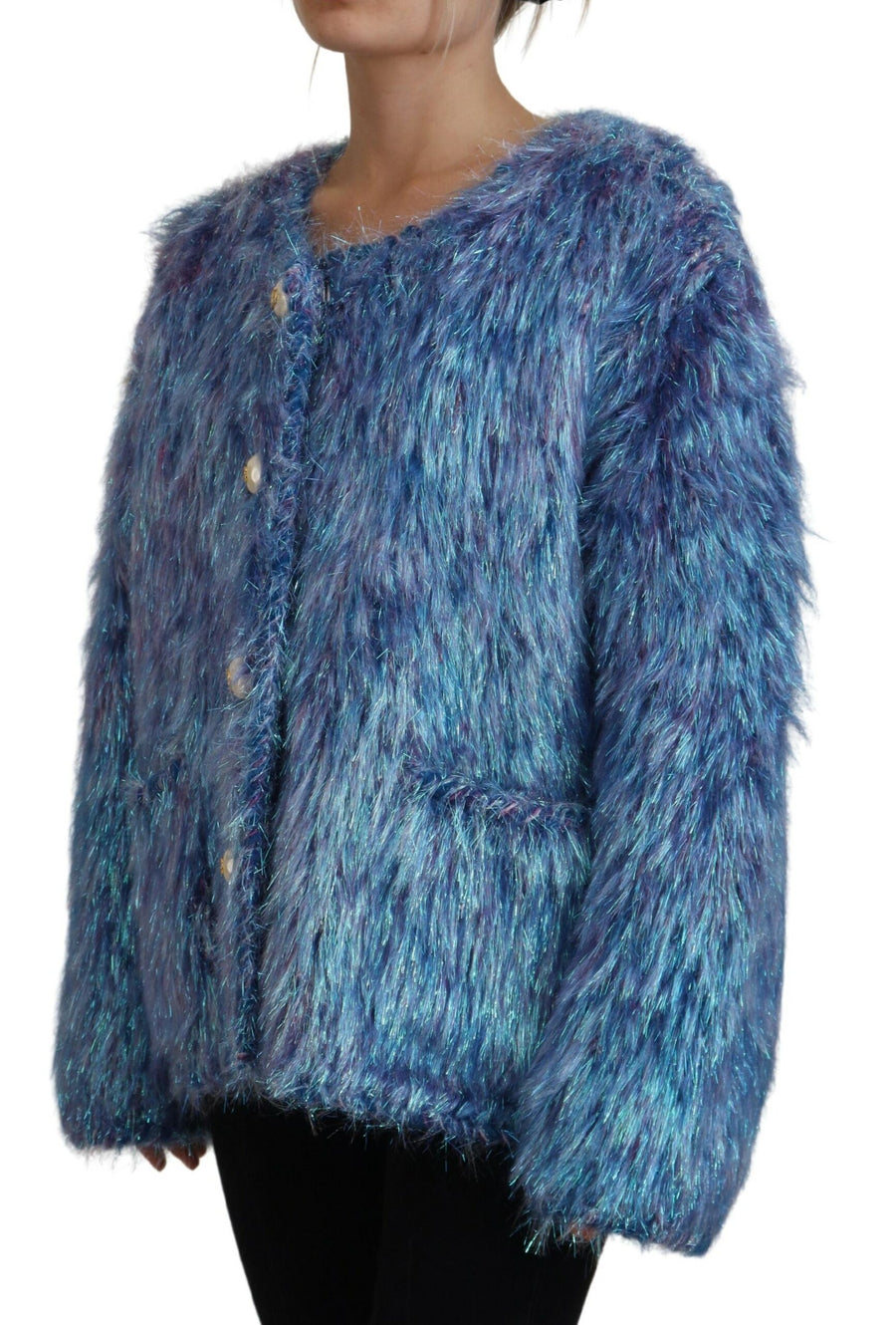 Multicolor shimmering blue fringe jacket with pearl buttons