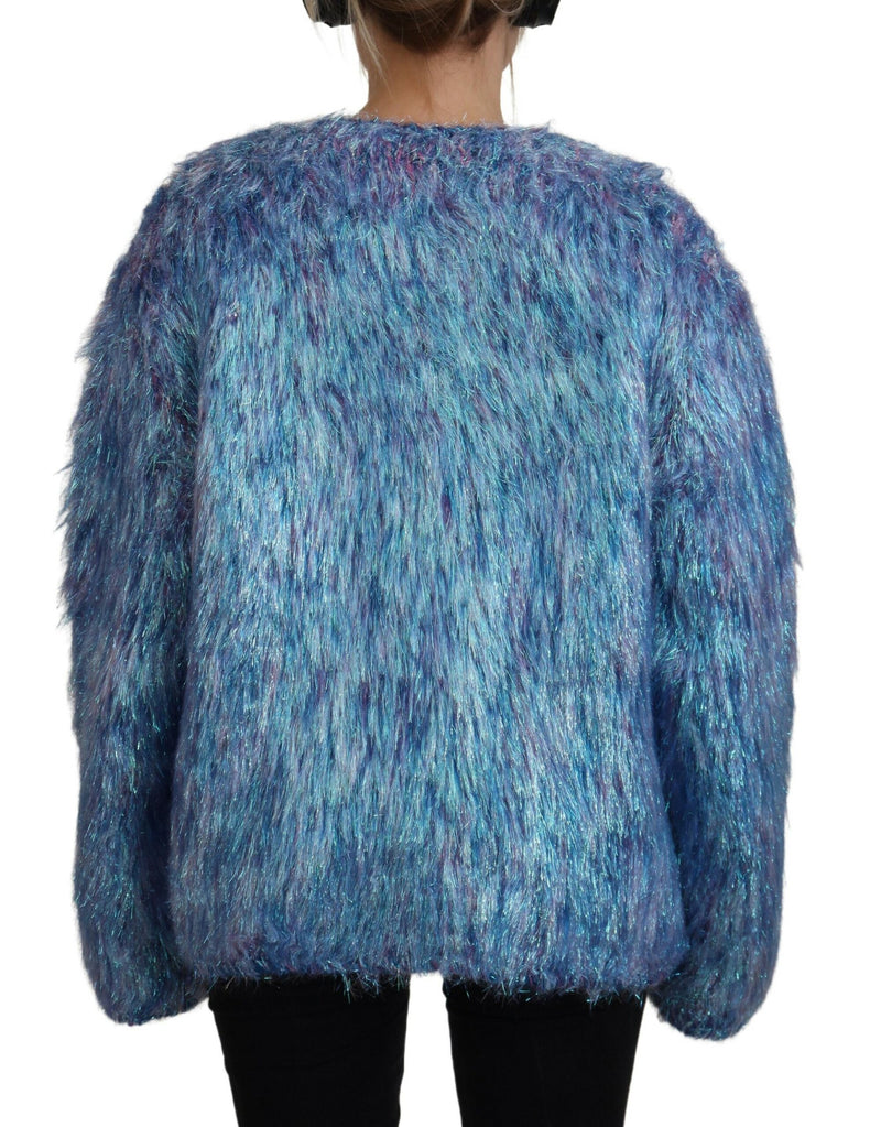 Multicolor polyester fringed jacket with a shaggy texture worn from the back