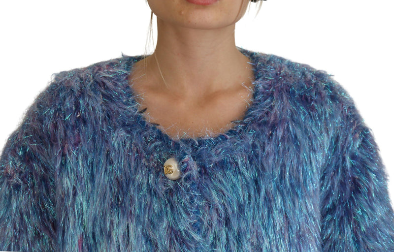 Multicolor shimmering polyester fringed jacket with round neckline and single pearl-like button closure