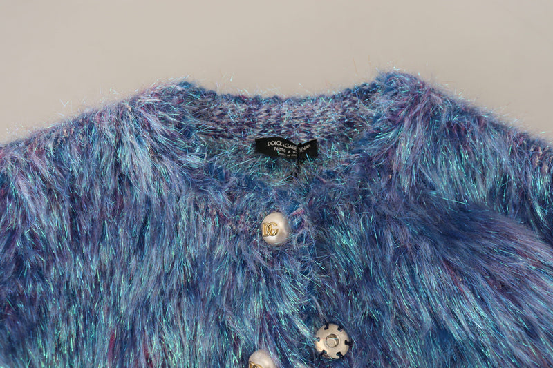 Dolce & Gabbana multicolor blue shaggy fringe polyester jacket with pearl buttons