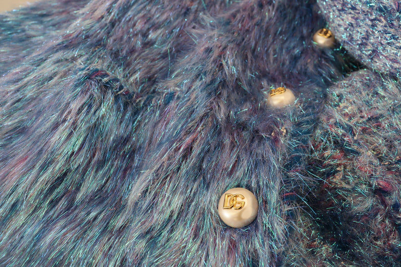 Multicolor fringed polyester jacket with faux pearl buttons featuring gold DG logos