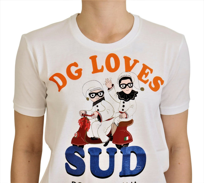 White cotton t-shirt featuring a colorful graphic of two characters on a scooter with DG LOVES SUD text