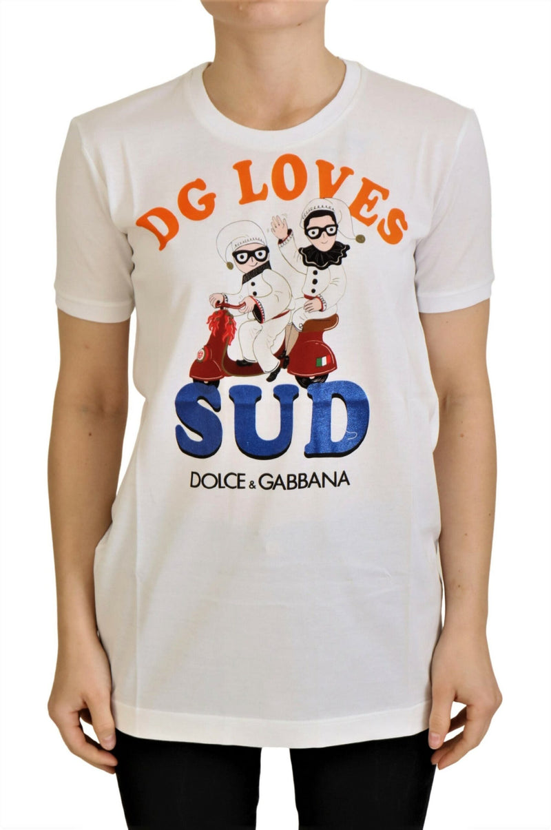 White cotton crewneck t-shirt with graphic print and logo text