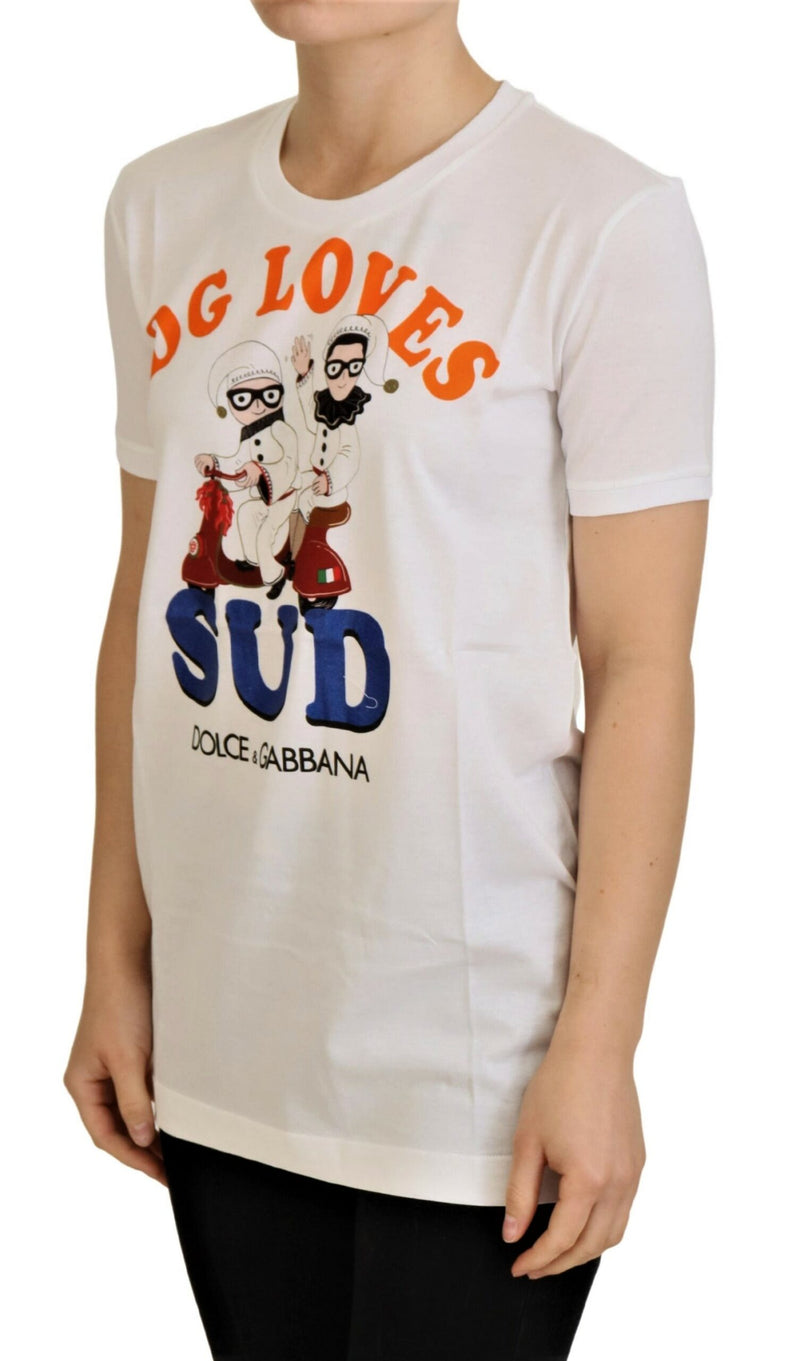 White cotton crewneck t-shirt with graphic print and logo text