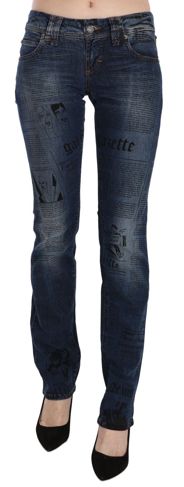 Blue low-waist skinny denim pants with an all-over black newspaper print pattern