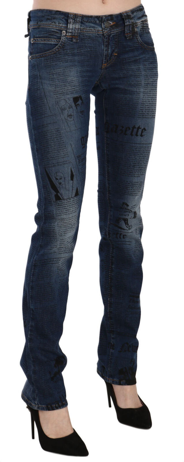 Blue low-waist skinny denim pants with an all-over black newspaper print pattern