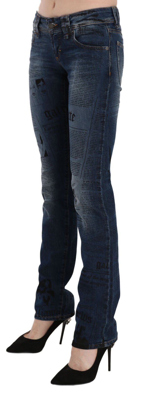 Blue denim low-waist skinny pants featuring a black newspaper print pattern