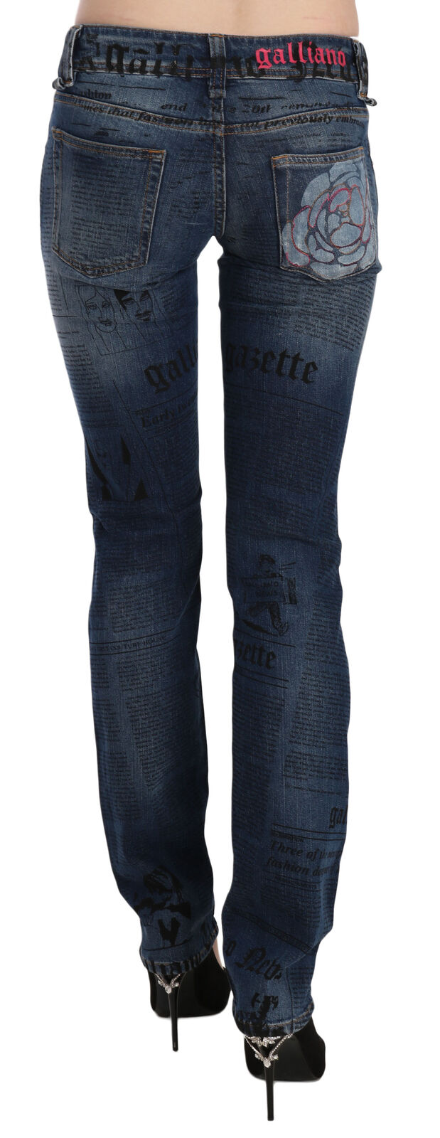 Blue denim skinny pants with low waist and newspaper print pattern