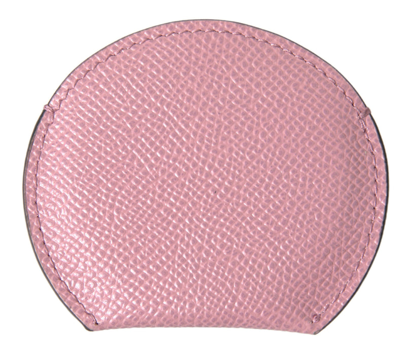 Pink textured calfskin leather round mirror holder case with stitched trim