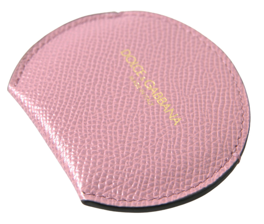 Pink textured calfskin leather round mirror holder case with stitched trim