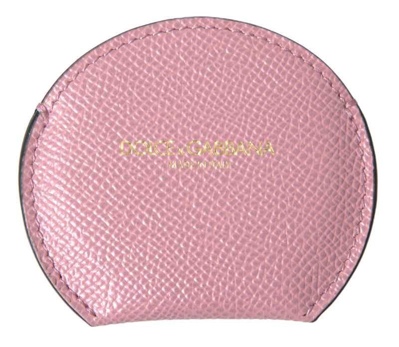Pink textured calfskin leather round mirror holder with gold logo print