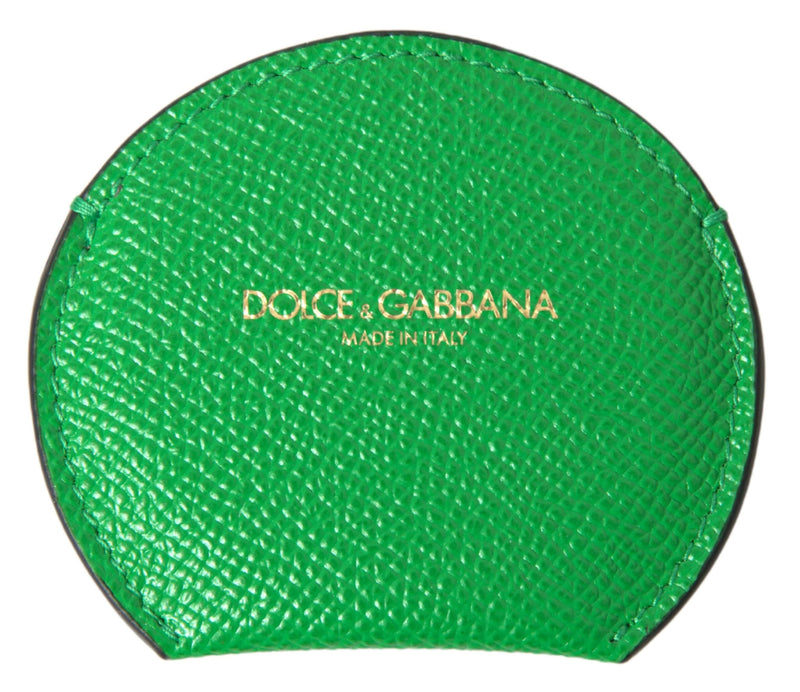 Green textured leather round mirror holder with gold Dolce & Gabbana logo