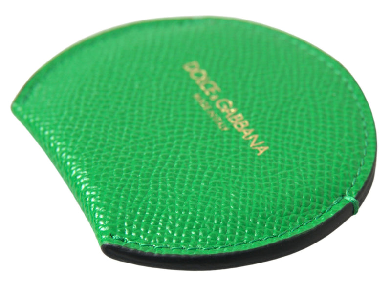 Green textured calfskin leather round hand mirror holder with gold logo