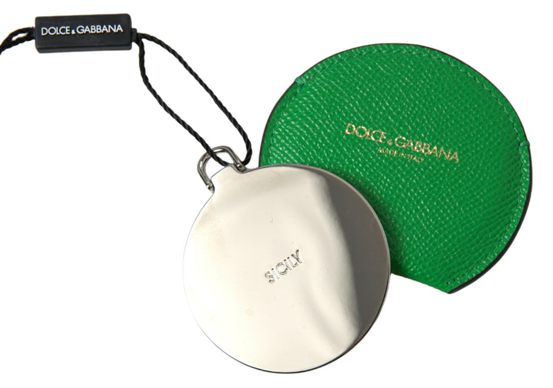 Dolce and Gabbana green leather round mirror holder with silver metal mirror and brand tag