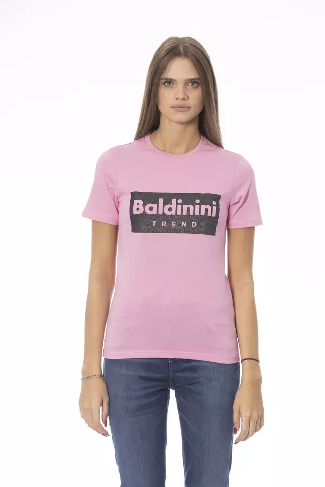 Pink cotton women t-shirt with a black logo box graphic