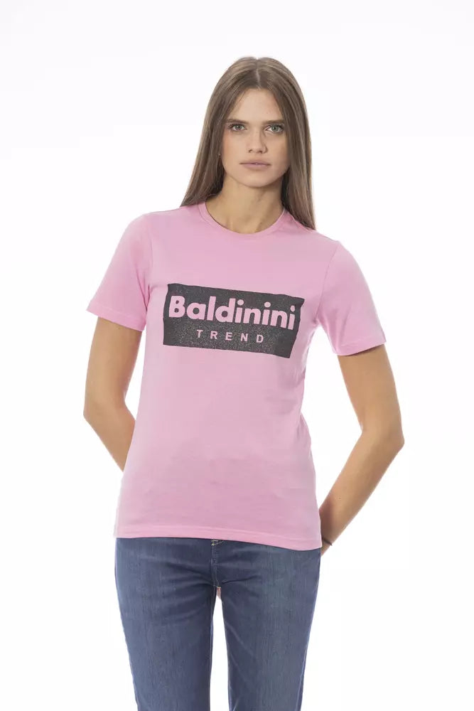 Pink cotton women t-shirt with a black logo box graphic