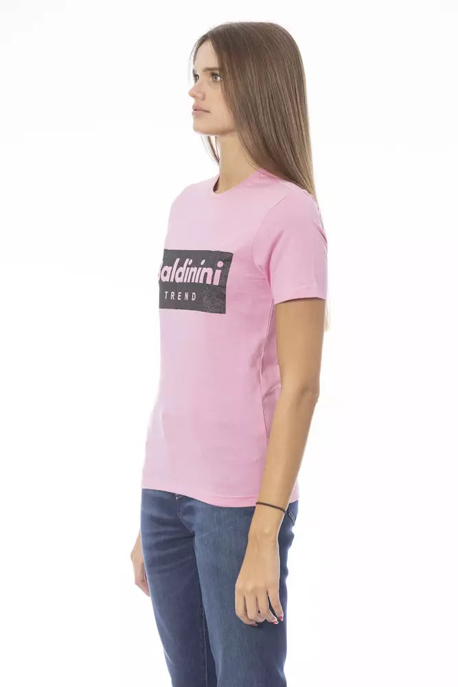 Pink cotton women t-shirt with short sleeves and black logo chest print