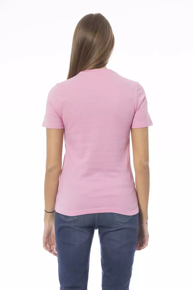 Back view of a plain pink cotton short sleeve women t-shirt