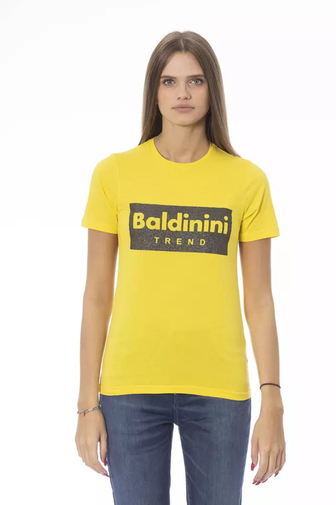Yellow cotton women t-shirt with black logo graphic