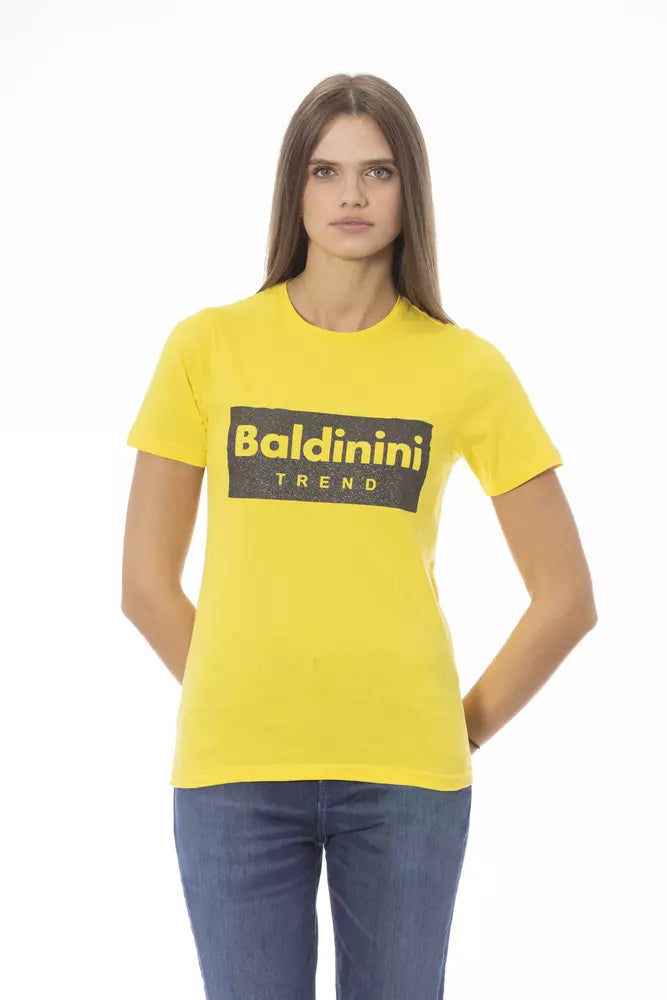 Bright yellow cotton women t-shirt with a black logo box on the chest