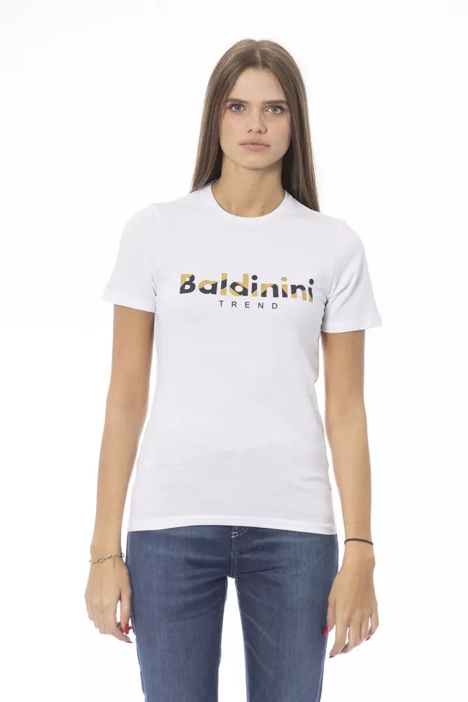 A white cotton women t-shirt with short sleeves and front logo text