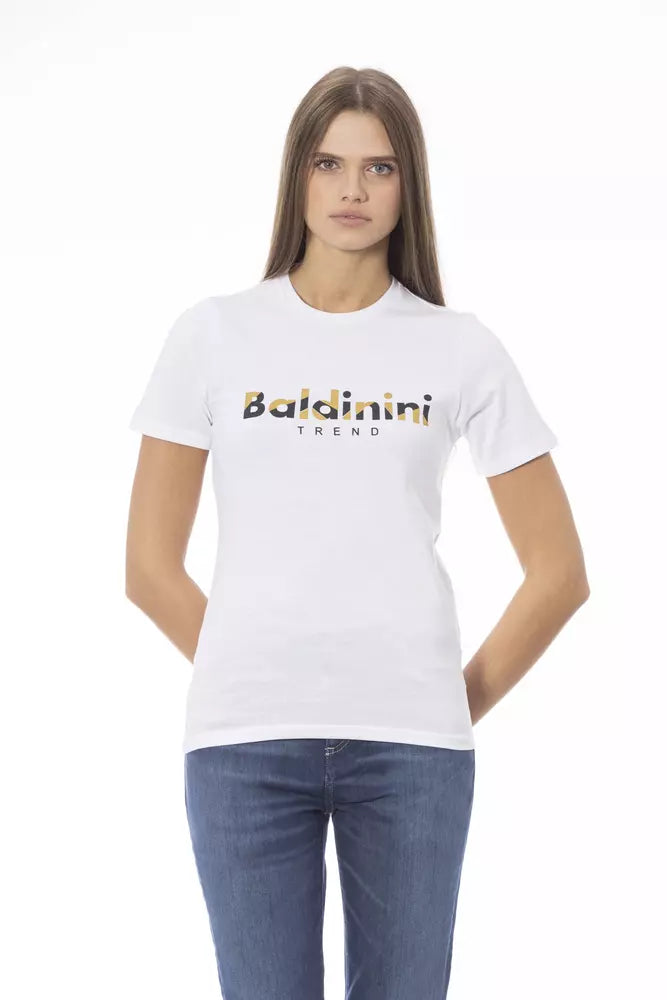 A white cotton women t-shirt with short sleeves and front logo text