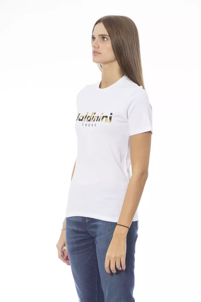 Woman wearing a white cotton crewneck t-shirt with gold Baldinini logo on chest
