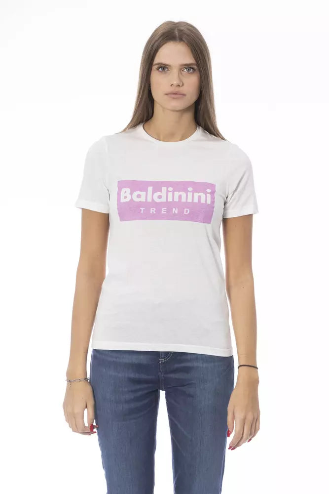 White cotton women t-shirt with short sleeves and a pink logo graphic on the chest