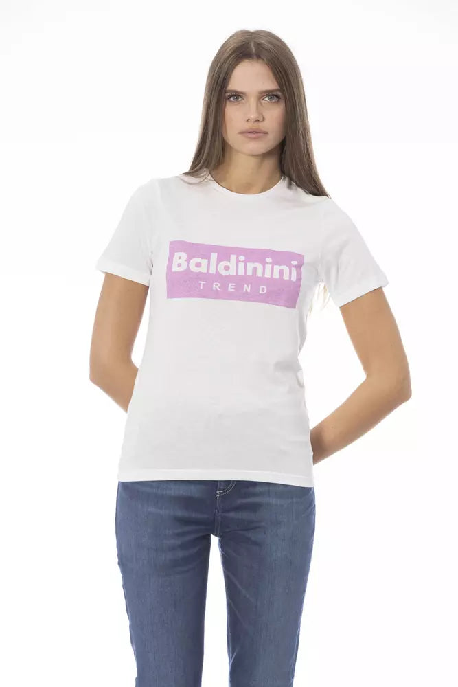 White cotton women t-shirt with short sleeves and a pink logo graphic on the chest