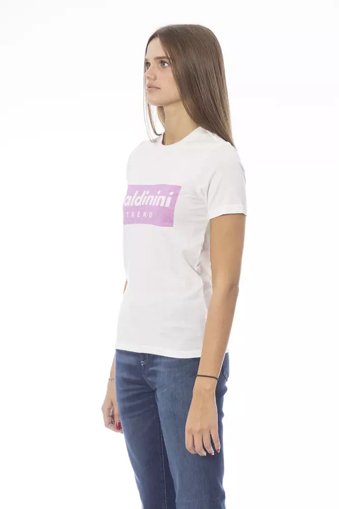 White cotton women's t-shirt with a pink logo on the chest