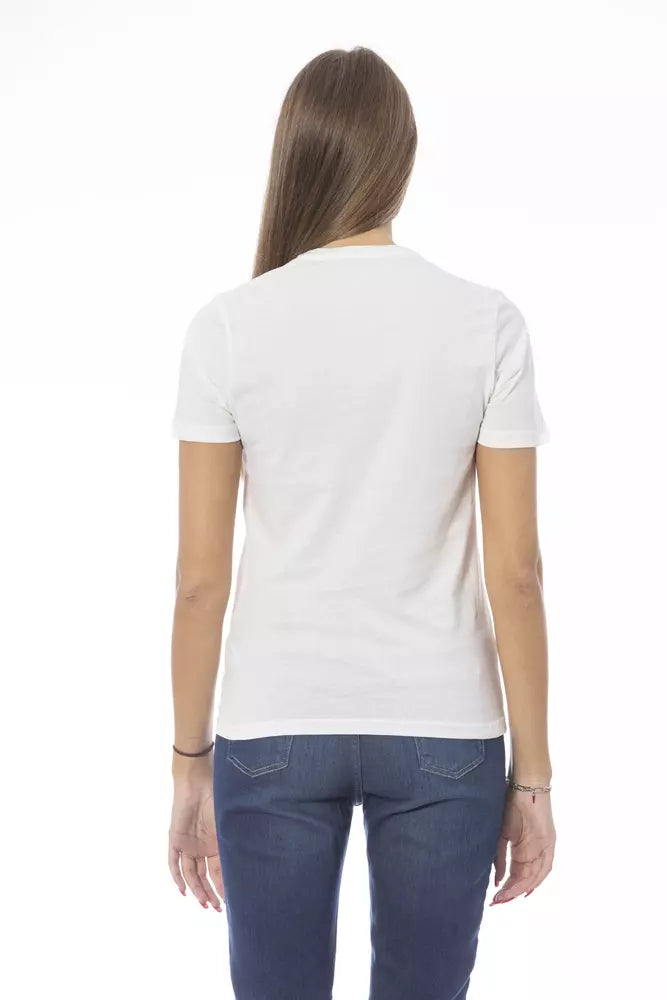 Woman wearing plain white cotton short-sleeve t-shirt with crew neck from the back