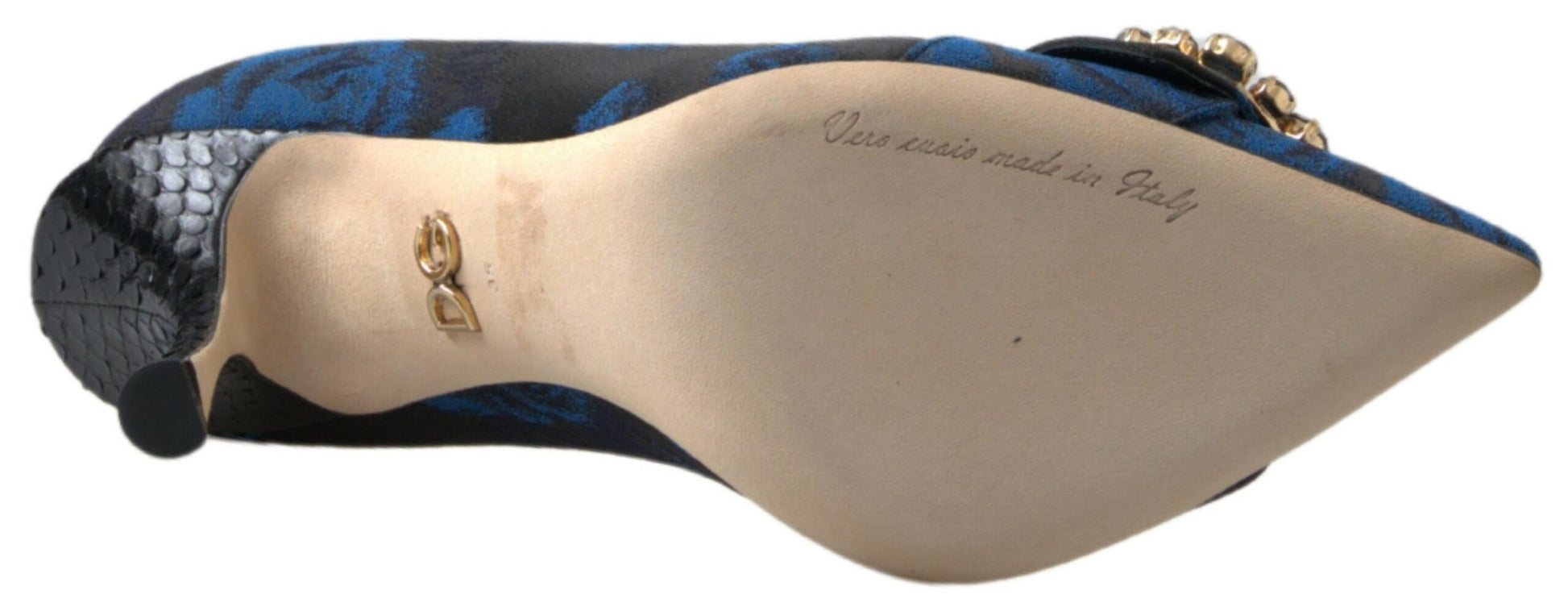 Blue and black floral pointed-toe pump with snakeskin-textured heel and gold crystal embellishment.