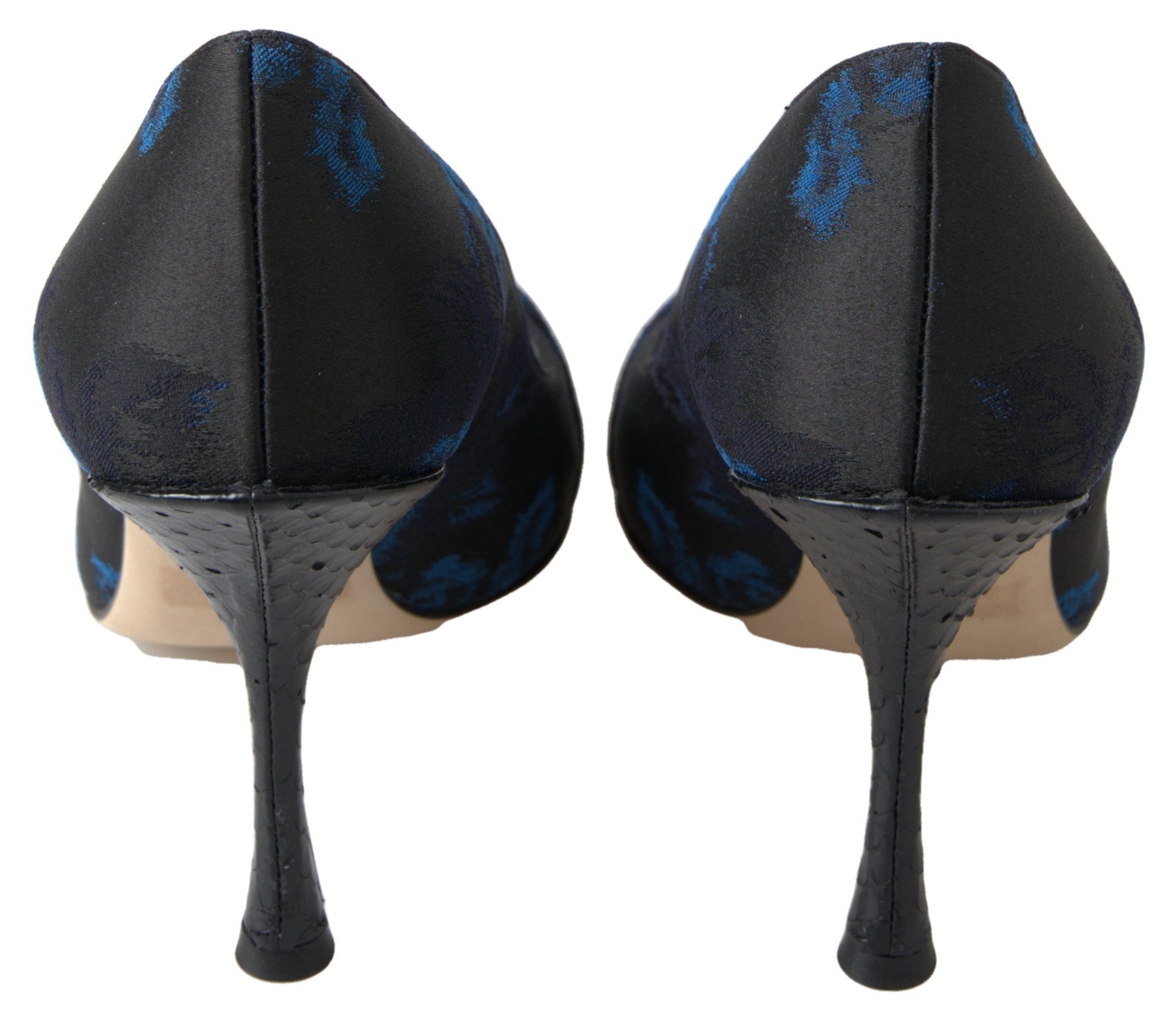 Dolce & Gabbana blue floral satin pumps with textured black stiletto heels, seen from the back.