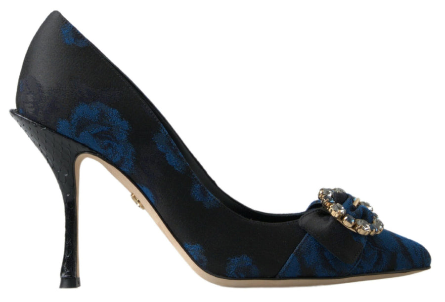 Blue floral satin pumps with a crystal-embellished buckle and textured ayers snakeskin-style stiletto heel.