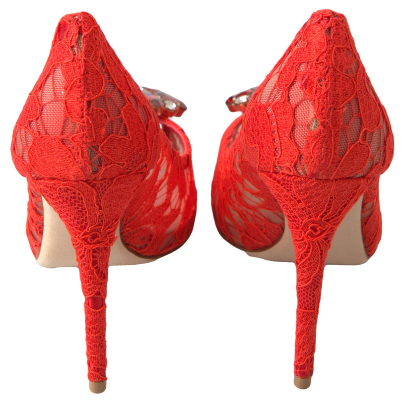Red Dolce & Gabbana Taormina lace stiletto pumps with embellished crystal accents on the toe.