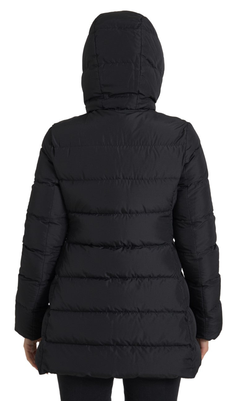 Rear view of a black polyester hooded puffer jacket with quilted stitching