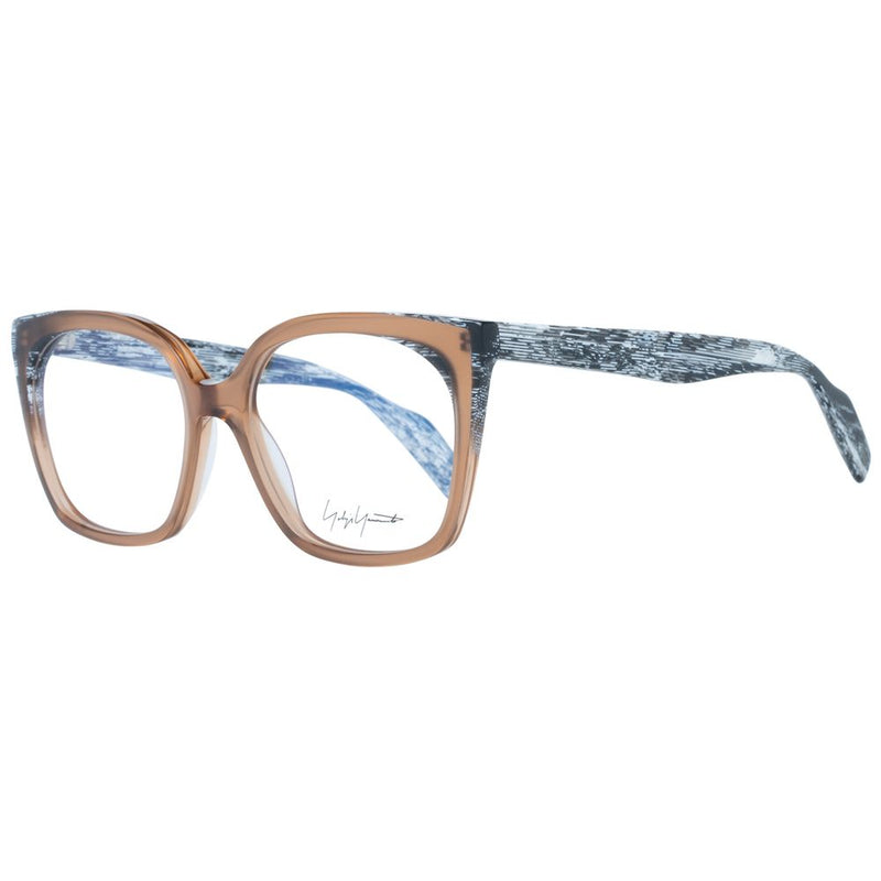 Yohji Yamamoto brown plastic glasses frames with square lenses and textured black-and-white temples