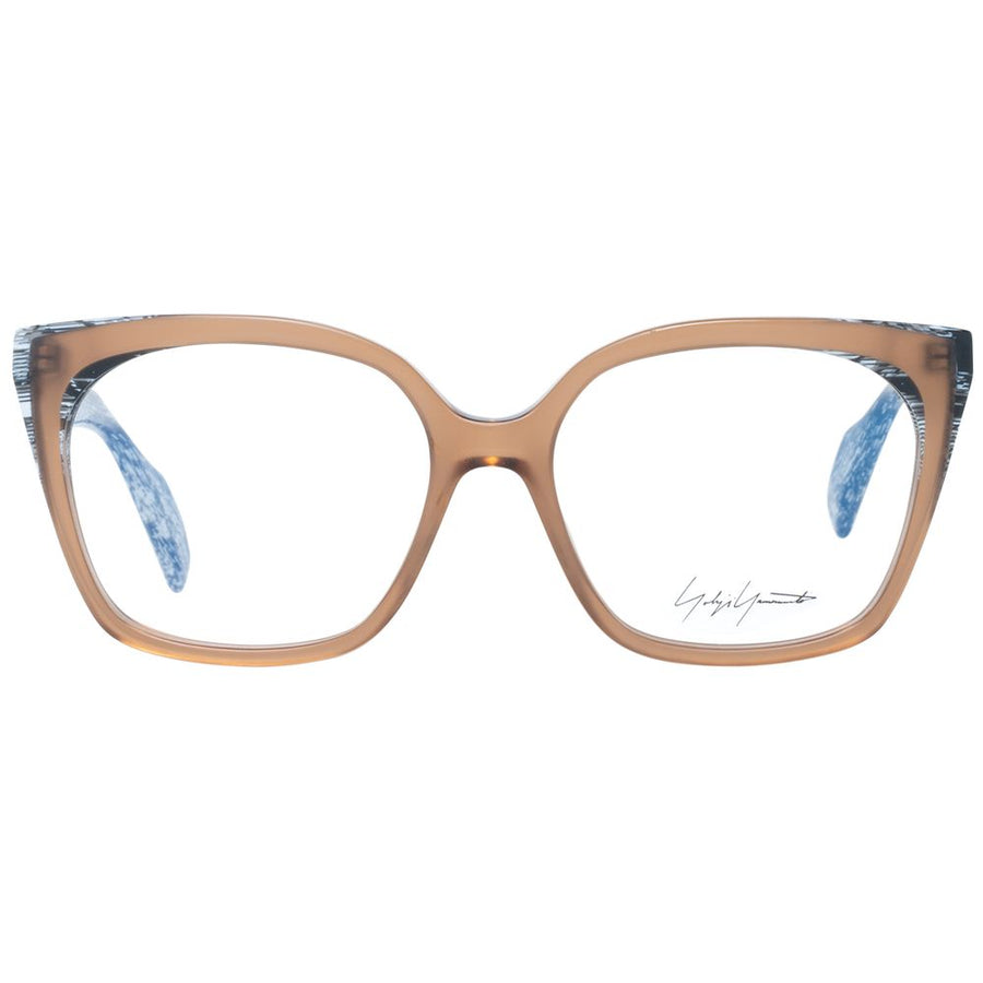 Yohji Yamamoto brown plastic glasses frames with square lenses and textured black-and-white temples