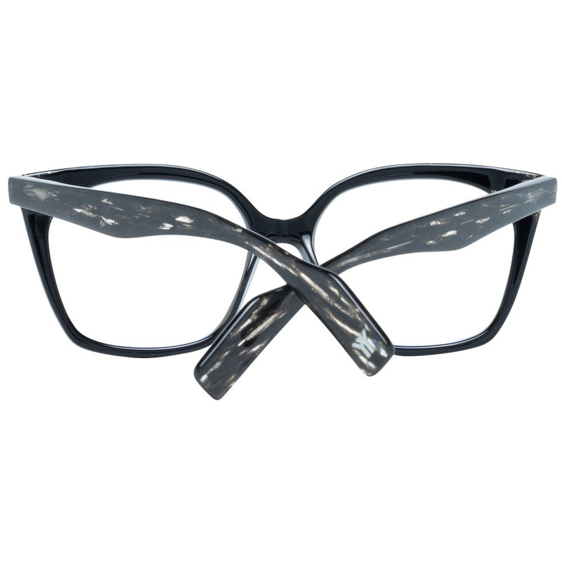 Black plastic eyeglass frames with marbled grey and black folded temples
